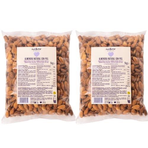 Almendras crudas con piel 2 kg nut&me | almendras naturales | Fuente de proteínas | Alto contenido en fibra | Sin gluten | Pack 2 x 1 kg