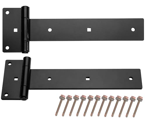 Heavy Duty T Strap Gate Hinges,12 Inch 4mm Thick - 180° Opening Barn Door Hinges for Gate, Shed, Barn,Fence,Garden gate, Garage Door- Rust-Proof Black Steel Hinges,2 Pcs(Patent Pending)