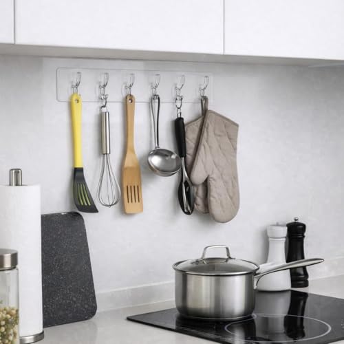 Image of Self Adhesive Hooks for Wall Heavy Duty - 10kg Load Capacity Waterproof Transparent Wall Hooks for Hanging - No Drilling Nail (ProHold Hoo (6 Hook Strip Pack 2)