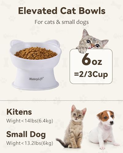 MateeyLife Elevated Cat Bowls, 2P Raised Food and Water Bowl Set for Indoor Cats & Small Dogs, Whisker Fatigue Cat Bowl, Anti Vomit Feeding Pet Bowls, 6 oz Each, Dishwasher Safe - White & Grey - Image 5