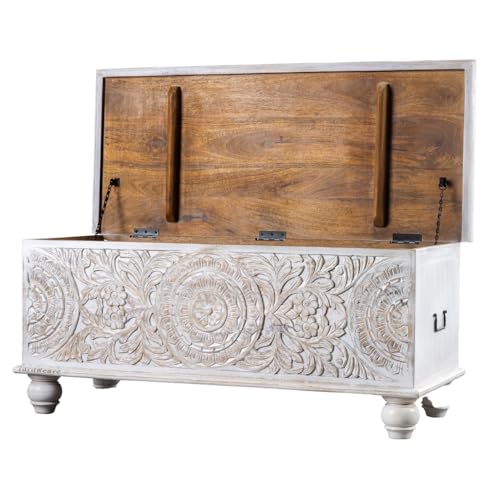 Image of Natura Solid Wood Coffee Table for Living Room Wooden Trunk Box for Storage | Handcrafted Center Table for Living Room with Sandook Storage | Pitara for Home and Bedroom (White Distress)