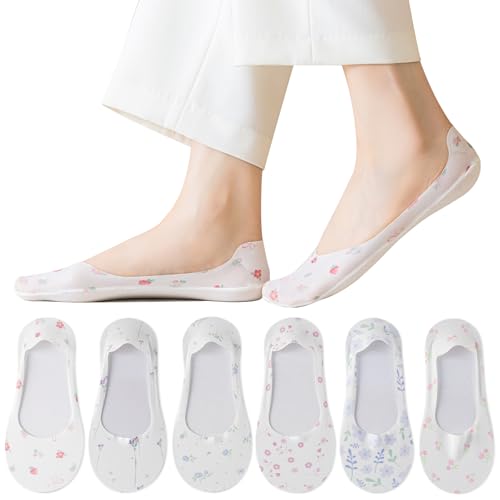 Caudblor 6 Pares de Calcetines Sneaker para Mujer - Calcetines Invisibles con Silicona Antideslizante y Bonito Diseño de Pintura Floral, Talla 36-39
