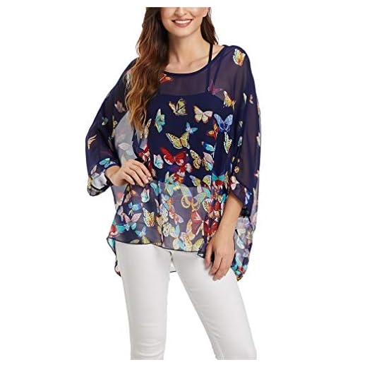 Vanbuy Womens Butterfly Print Batwing Sleeve Top Chiffon Poncho Flowy Loose Sheer Blouse Shirt Tunic Z336-43-4368