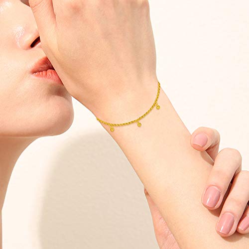 18K Real Gold Women Bracelet, Yellow Gold Diamond Cut Balls Bracelet Italian Mesh Link Chain Bracelet Jewelry Giftd For Her, Wife, Mom, 6.5" - 7.5" #TOP1