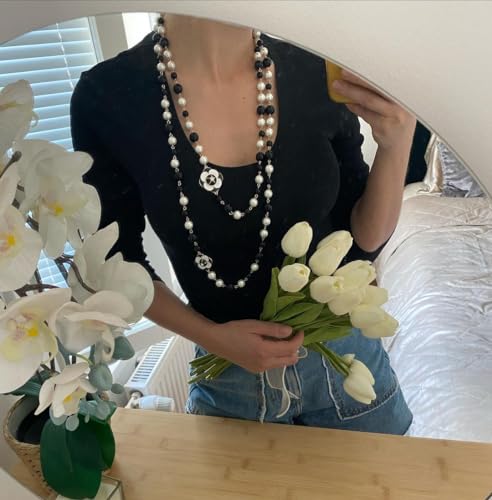 Vintage Inspired Imitation Pearl Long Strand Black and White Camellia Flower Costume Layered Necklace, Statement Multiple Strands Pendant for Women, Jewelry Gift2
