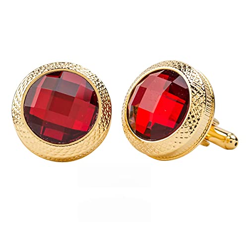 Vittorio Vico Round Plain Set Colored Crystal Cufflinks by Classy Cufflinks (Red, Gold-Plated-Stainless-Steel)
