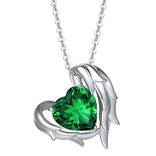 CACESTONE Sterling Silver Gemstone 6 Carat 10mm Created Emerald Angel Wings Heart Birthstone Necklace Cubic Zirconia Women Daily Wear Anniversary Christmas Birthday Gifts for Mom Wife Girls Her, 16+2 Inch