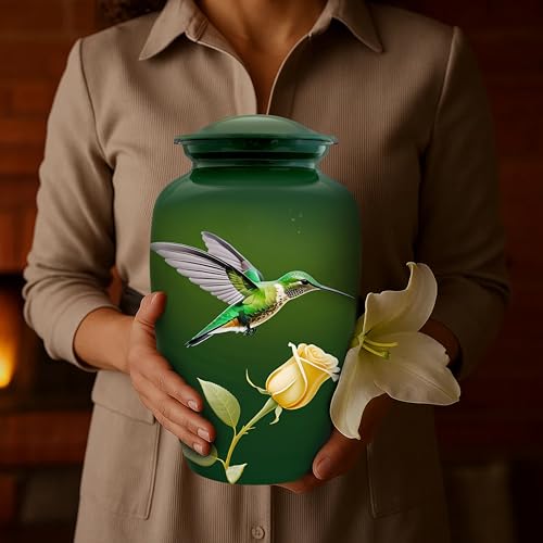 Image of Hummingbird Cremation Urn for Adult Human Ashes - Handcrafted Large Funeral Urn - Decorative Memorial Urn with Peaceful Floral Design for Men or Women, 200 Cu /in