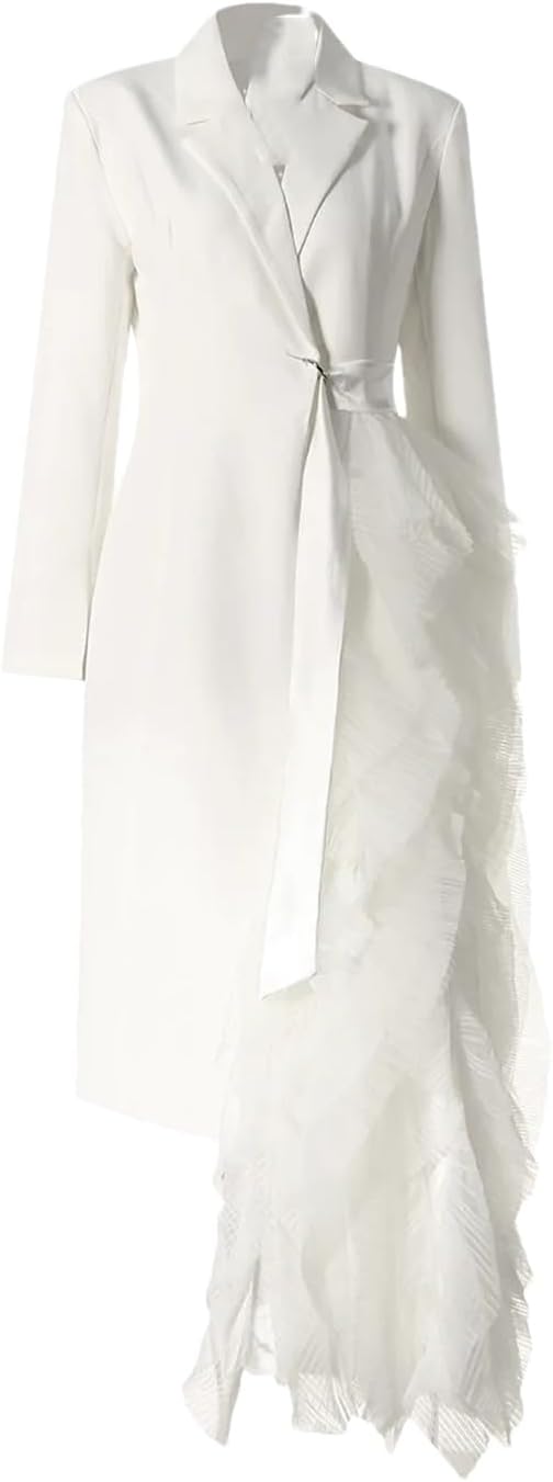 Womens Party Blazer Notched Lace Up Mesh Splied Slim Irregular Full Length Suit Jakcets