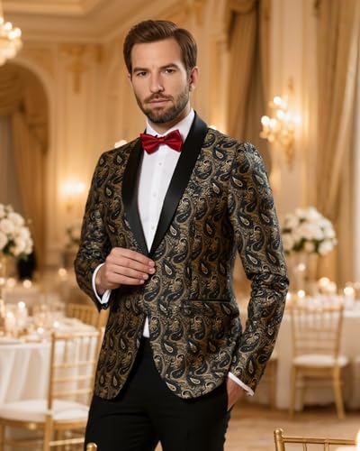 YND Men's Paisley Tuxedo Jacket, One Button Dress Suit Blazer, Floral Coat with Bow Tie for Dinner Party Prom Wedding2