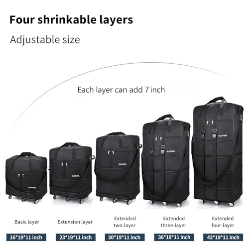 Expandable Foldable Luggage, 42'' Suitcase With Spinner Wheels, Rolling Duffle Bag with Wheels and Handle, Collapsible Luggage With 2 Handle Wrap and 2Fixing Straps1Shoulder Strap (Jet Black)2