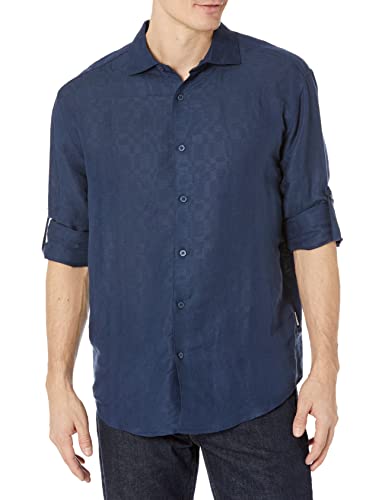 Cubavera Men's Linen Blend Plaid Dobby Roll Sleeve Button-Down Shirt, Dress Blues, X-Large #TOP14