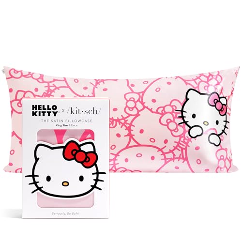 Kitsch x Hello Kitty (Pink Kitty Faces) - Satin Pillowcase with Zipper for Hair and Skin, Softer Than Silk, Smooth Cooling Pillow Covers, Machine Washable, King Size (19x36)