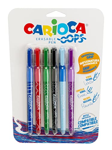 CARIOCA Oops Surtidos | Set Bolígrafos Borrables Recargables con Tapa para el Colegio, Universidad y Oficina con Doble Goma Incorporada y Agarre Ergonómico, Bolígrafos Surtidos 6 Uds