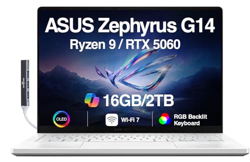 Image of ASUS ROG Zephyrus G14 AI Gaming Laptop 14.0 inch ROG Nebula OLED 2.8K 500nits Display (AMD Ryzen 9 270, GeForce RTX 5060 8GB, 16GB LPDDR5X, 2TB SSD, RGB KYB, WiFi 7, Win 11 Home) w /DKZ USB Port Expander