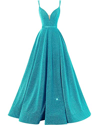 Image of V-Neck Prom Dresses for Women 2025 with Slit A Line Spaghetti Strap Sparkly Formal Party Evening Gown with Pockets,Turquoise,US20W