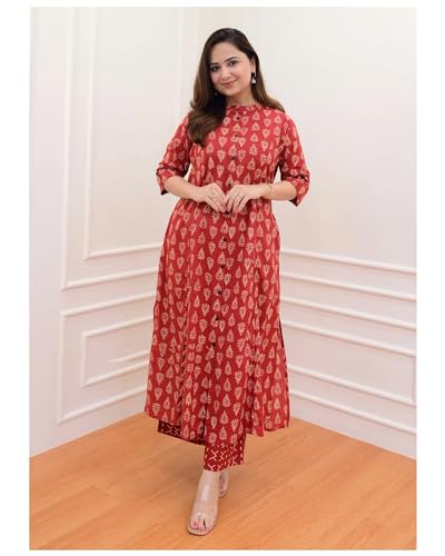 Image of Arayna Women's Cotton Floral Block Printed Co-ord Set - Straight Kurta Palazzo Pants
