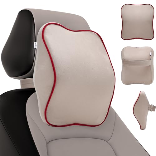 Image of Premium Car Neck Rest Pillow with 3-Year Warranty | Ergonomic Memory Foam Neck Pillow for Car | Exquisite Neck Rest with Elegant Packaging | Beige with Red Piping (Pack of 1)