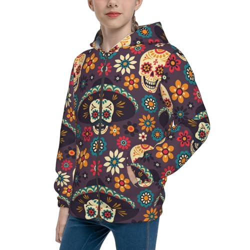 Skulls and Flowers Kids Pullover Hoodies Boys Zip Up Sweatshirts Girls Athletic Clothes with Pocket