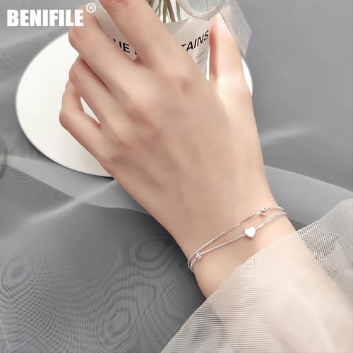 BENIFILE Silver Heart Bracelet Sterling Silver Bracelet for Women Girls Layered Charm Bracelets for Women Ladies Silver Bracelets Friendship Bracelets for Girls Women's Jewellery - Image 5