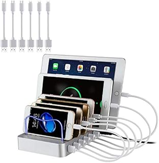 PRITEK USB Charging Station with 6pcs Short USB Cables Multi Device 6 USB Charger Station Desktop Charger for Cellphone Tablet Earphone MP3 MP4 and other USB Enabled Gadget (Silver)