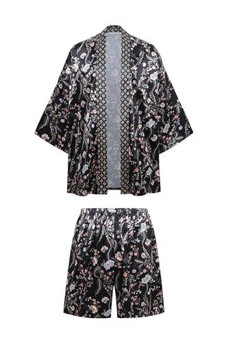 PRODESIGN Mens Kimono Robe Set - Satin Bathrobe with Shorts 2 Piece Set Silky Nightgown Dressing Gown Cardigan Beach Cover Up2