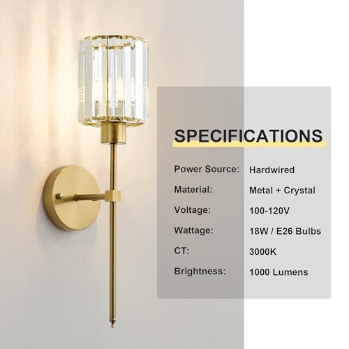 Image of KARTOOSH Hardwired Crystal Wall Sconces Set of 2 | 20.1 Inch Brass Wall Lights Dimmable 3000K Warm White Wall Lamps for Hallway, Bathroom, Living Room, Bedroom