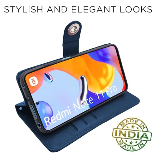 Image of Pikkme Redmi Note 11 Pro /Note 11 Pro Plus 5G Flip Cover Leather Finish | Inside TPU with Card Pockets | Wallet Stand and Shock Proof | Complete Protection Button Flip Case (Blue)