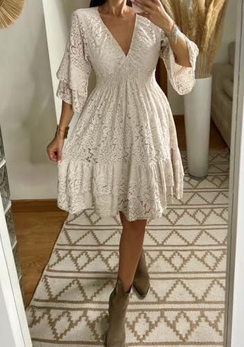 Robe trapèze blanche en dentelle fluide col V confortable - 3