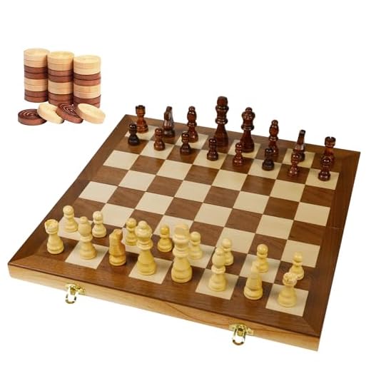 Juegoal 15" Wooden Chess & Checkers Set, 2 in 1 Board Games for Kids and Adults, with Felted Game Board Interior for Storage, Travel Portable Folding Chess Game Sets, Extra 24 Wooden Checkers Pieces