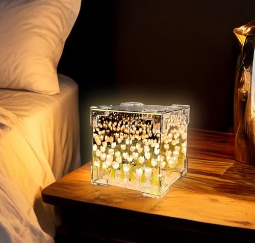 Image of CRAE Mirror Cube Tulip Lamp | DIY Flowers Led Decorative Lamp | Table Ornaments for Bedroom | Gifts for Woman | Valentine Gift (Cube Tulip)