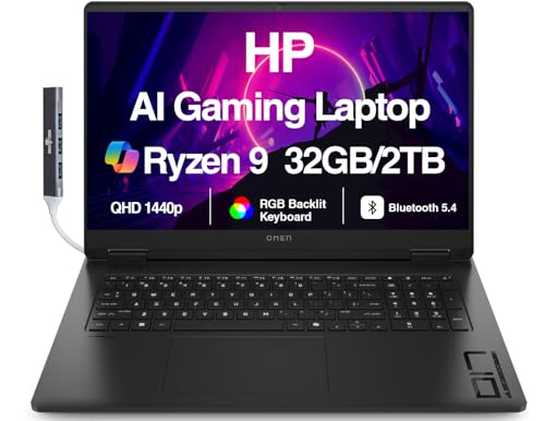 HP OMEN AI Gaming Laptop 17.3" QHD 240Hz IPS Display (AMD Ryzen AI 9 365, GeForce RTX 5070 8GB, 32GB DDR5, 2TB SSD, RGB KB, WiFi 6, Webcam, Bluetooth 5.4, Win 11 Pro) w/DKZ USB Port Expander