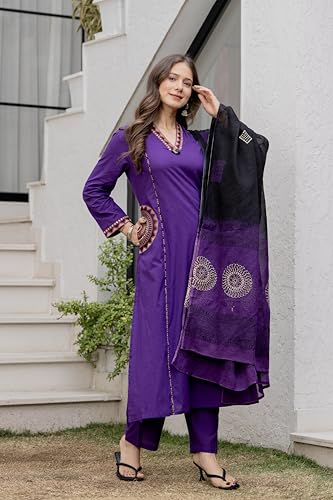 Image of MEERA FAB Women Floral Printed Pure Cotton Straight V-Neck Kurta with Palazzos & Dupatta