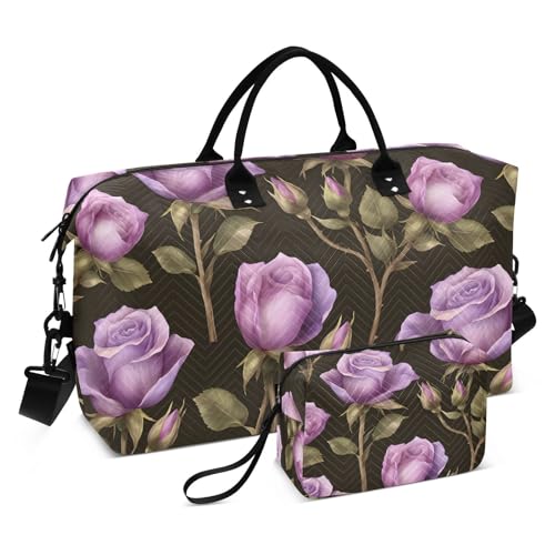 Rose Travel Gym Bag, Flower Rose Purple Tile Pattern Weekender Overnight Duffle for Women with Toiletry Bag Travel Swim