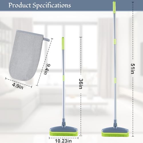 Image of 180Rotating Head Rubber Broom with Squeegee for Pet Hair Removal - 51 inch Iron Handle Fur Remover Rake Brush for Carpet, Hardwood & Tile Floors, Includes Pet Hair Removal Gloves (Green)