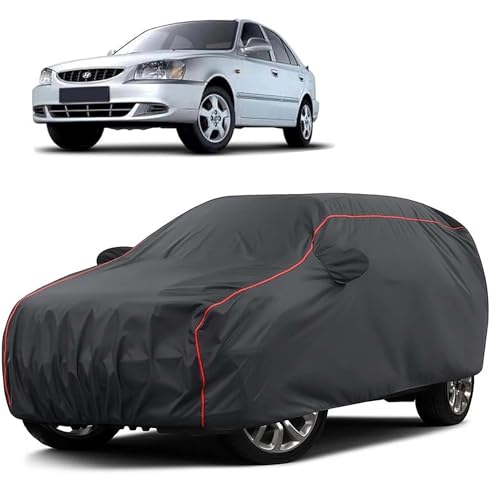 Image of Sulfar 100% Water Resistant Car Body Cover Compatible with Mirror for Hyundai Accent Viva (Triple Stitched, Full Bottom Elastic, Dark Grey Taffeta with Red Piping)