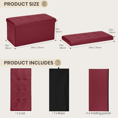 COSYLAND-Ottoman-Bench-with-Storage-30x15x15in-Folding-Leather-Ottoman-Rectangle-Foot-Stool-Foldable-Storage-Chest-Ottoman-Footrest-Footstool-Collapsible-with-Lid-for-Bedroom-Living-Room-Burgundy COSYLAND Ottoman Bench with Storage 30x15x15in Folding Leather Ottoman Rectangle Foot Stool Foldable Storage Chest Ottoman Footrest Footstool Collapsible with Lid for Bedroom Living Room Burgundy