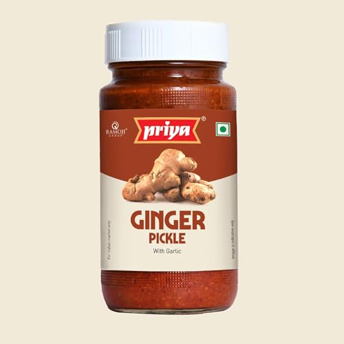 Priya Ginger Pickle with Garlic, 300g I Authentic Telugu Style Adrak Achar |Traditional South Indian Taste| Homemade Andhra Pickles|Khatta Meetha| With Tamarind Paste, Jaggery & Mixed Spices| Glass Jar
