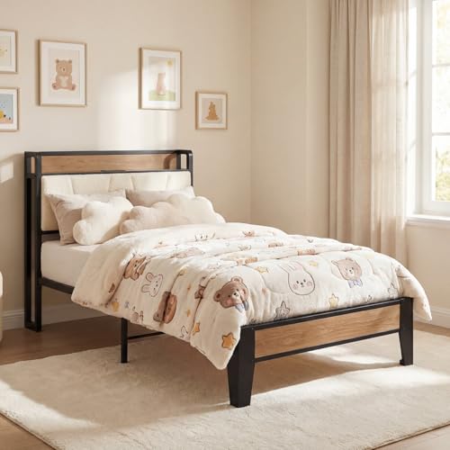 LIKIMIO Twin Bed Frames, Storage Headboard with Charging Station, Solid and Stable, Noise Free, No Box Spring Needed, Easy Assembly, Wood and Cream