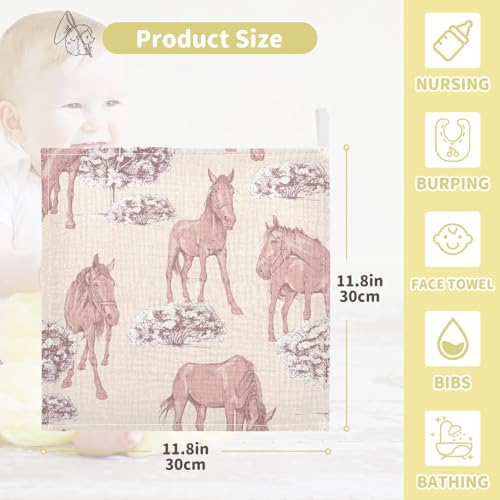 Image of Horse Baby Muslin Washcloths Face Towel, Western Burp Cloths Cotton Wipes 3 Pack Infant Wash Cloth for Newborn Boys Girls 12x12 inches