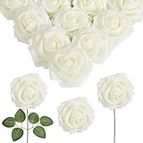 Jieowvhc 50pcs Ivory White Roses Artificial Flowers Bulk Real Looking Foam Fake Roses Heads with Stem for Wedding Centerpiece Table Decorations Bridal Bouquets Baby Shower Floral Arrangements（Ivory）