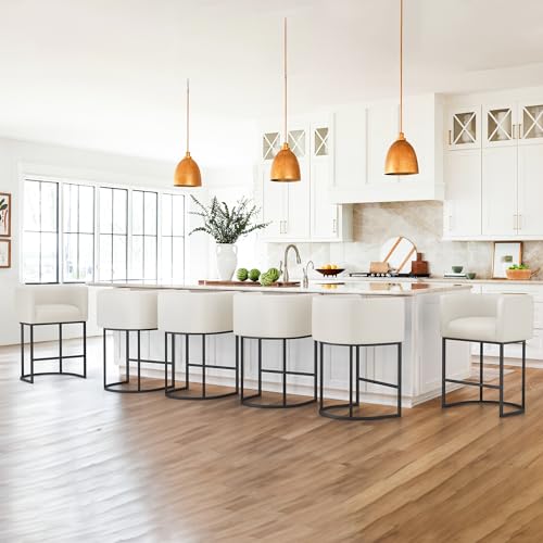 LUE BONA 27" H Counter Height Bar Stools Set of 6, Modern Barrel Counter Stools with Backrest and Arms, Black Metal Frames, Faux Leather Upholstered Accent Barstools for Kitchen Island, Antique White