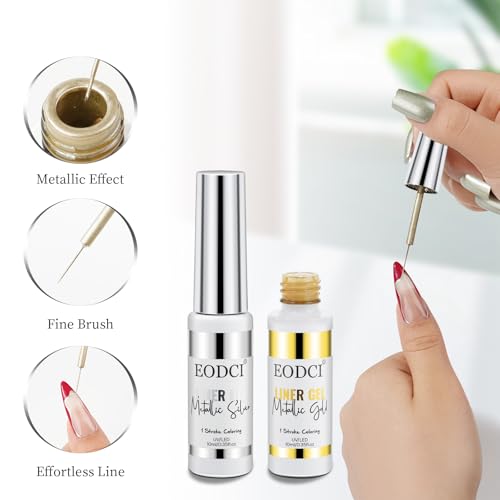 eodci 2pcs Metallic Gel Liner Nail Art Silver Bronze Gold Mirror Chrome 3D Effect Nail Polish 8ml Build in Thin Brush Metal Painted Drawing Stripper Gel Polish Curing Requires for Home Salon - Thumbnail 4