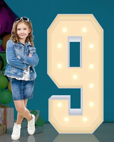 4ft Light up Marquee Numbers 9 Sign, Giant LED Mosaic Numbers for Balloons, No Tools Easy Setup, Corrugated Plastic, Perfect for Wedding, Birthday, Anniversary & 2025 Party Decorations (Numbers 9)