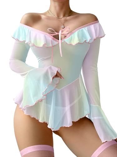 Image of Foxiny Sheer Ruffle Long Sleeve Babydoll Lingerie Dress | Off-shoulder neckline, flared cuffs and a flounce hem add movement; thong and thigh-high stockings complete the 3-piece set