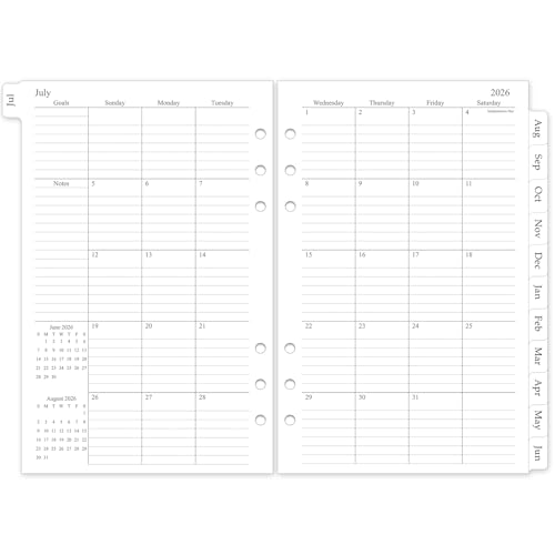 2026-2027 Monthly Planner Refill A5 Medium Planner Inserts for 6 Holes 5.5x8.5 Jul. 2026 - Dec. 2027 18 Monthly Calendars with Laminated Tabs 6-Hole Punched