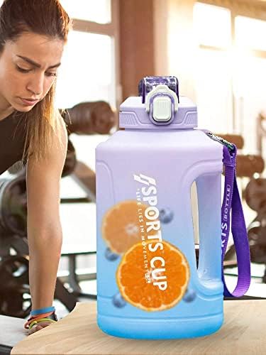 Large Sports Water Bottle 2.3L, Motivational Water Bottle with Straw & Time Maker, BPA Free, Leakproof & Secure Locking Lid, for Athletic,Excerise (Purple)