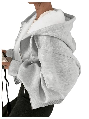RoseSeek Women's Zip Up Hoodies Long Sleeve Drawstring Cropped Sweatshirt Jackets Trendy Fall Outfits Light Grey S