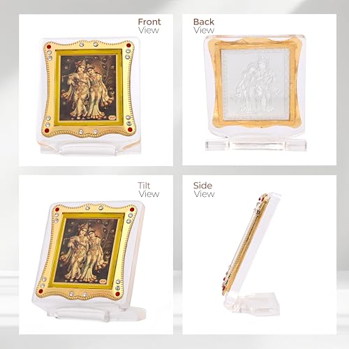 Image of Golden Foil (Plated) Radha Krishna Idol for Car Dashboard Religious Frame for Pooja, Prayer and Gift