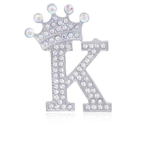 Image of Initial Letter Brooch Pins with Crown for Women Girls Men Boys Personalized Name Brooches Crafts Colorful Rhinestone Brooch Pins Silver A-Z